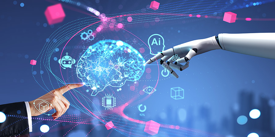 AI and human hands reaching toward a digital brain